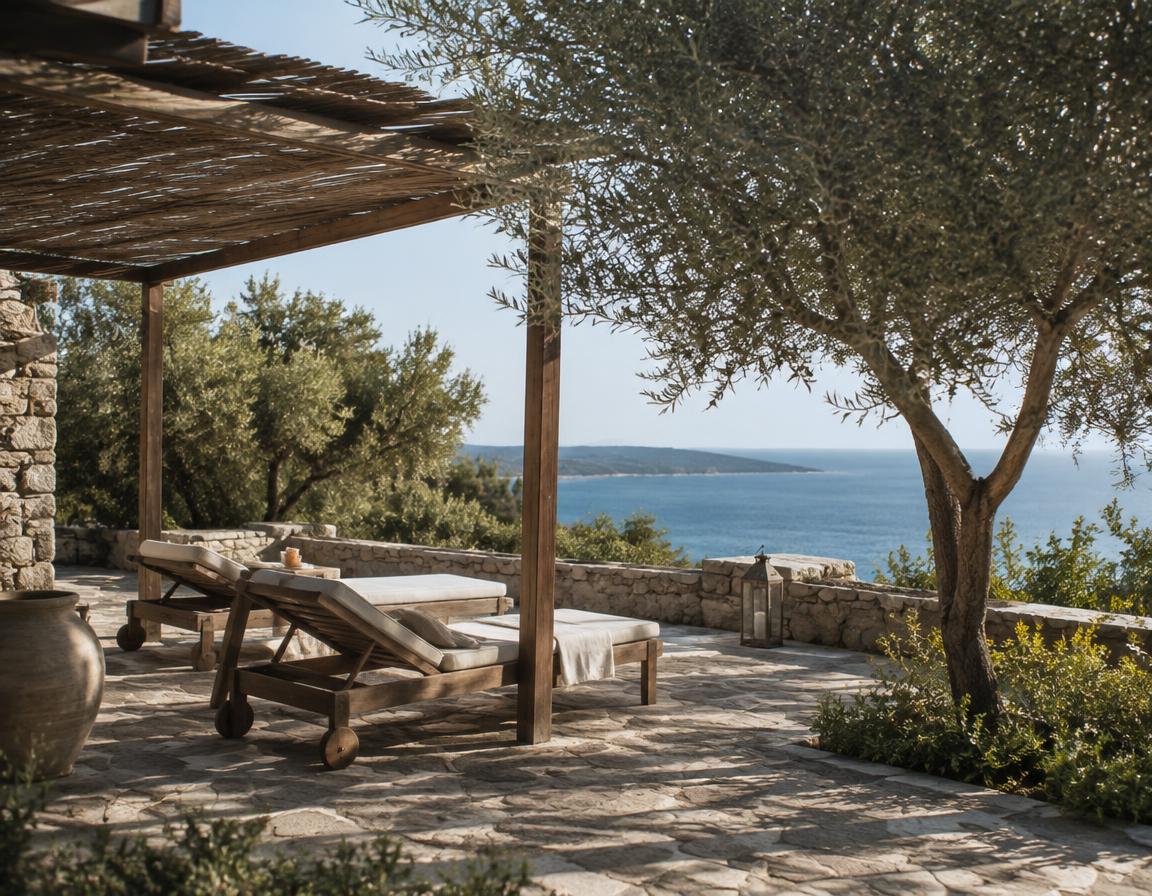 Terraza con pérgola y olivos